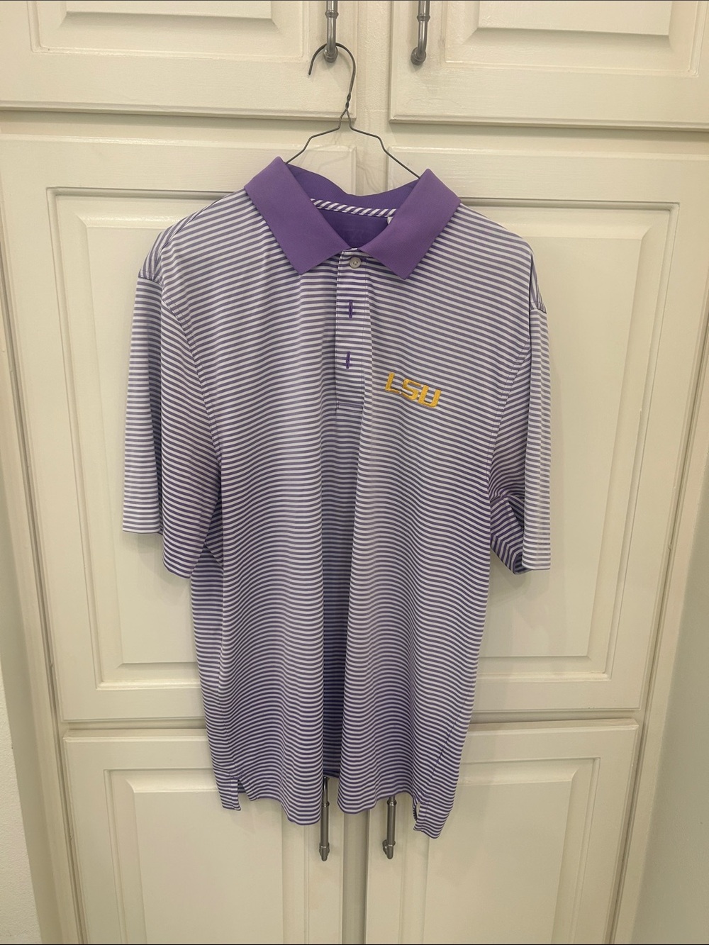 Short-Sleeve Purple Striped Polo with Contrast Collar